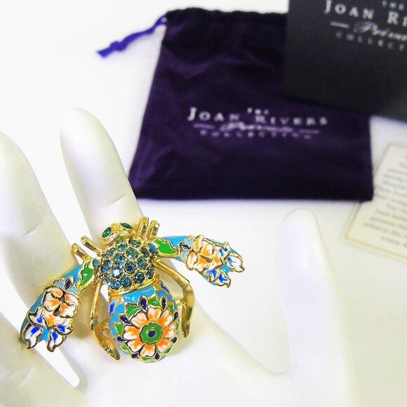 New Joan Rivers CLOISONNE BEE PIN Brooch Crystal Rhinestones Enameled Gold Boxed - Picture 2 of 8